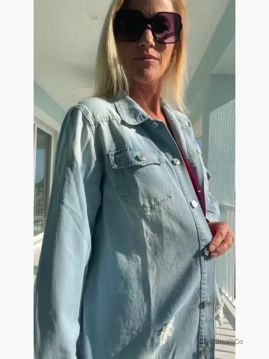 Distressed Denim Jacket Mid-Long Ripped Button Down Casual Women's - Picture 7 of 7